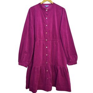 Draper James Corduroy Tiered Button Up Dress XXL Fuchsia Pockets Preppy Modest